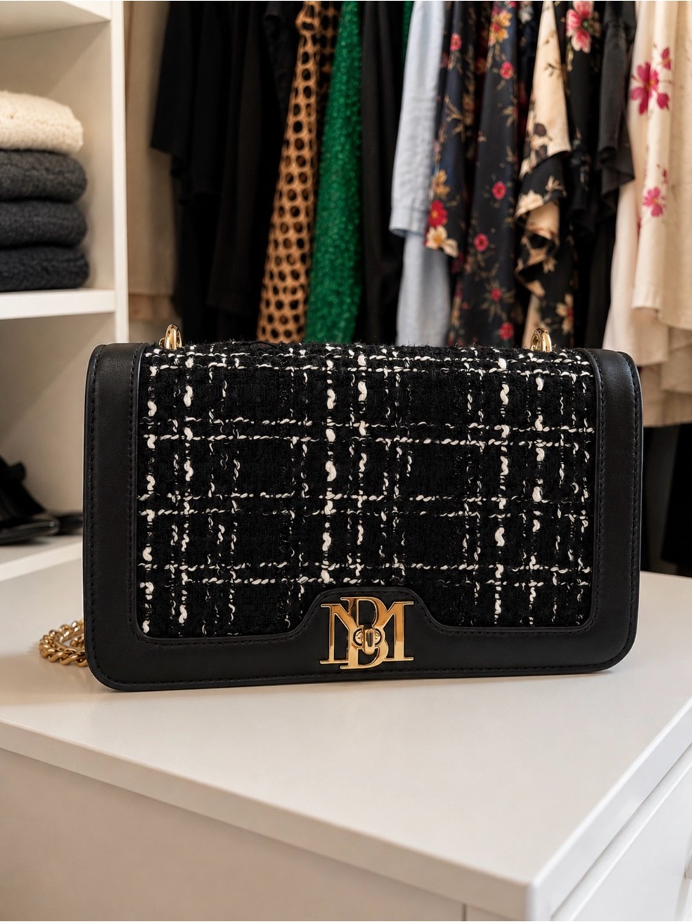 NWT Badgley Mischka Black & White Tweed Shoulder Bag | Vegan Leather